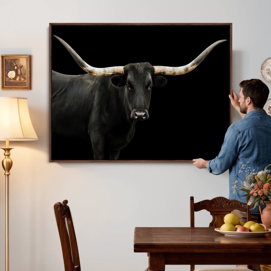Longhorn Cattle Wall Art Canvas Print, Framed Texas Ranch Print, Western Cow Art, Prairie Landscape