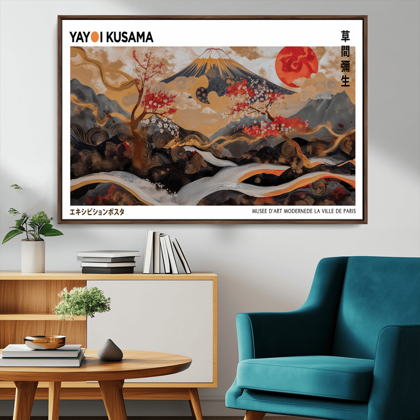 40959107-MGV-CV-36X24-Modern Japanese Wall Art Canvas Print – Framed Abstract Mount Fuji Scene Inspired Yayoi Kusama for Home, Office