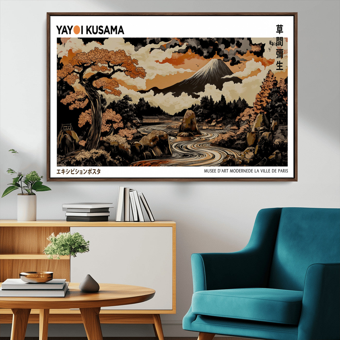 96372548-MGV-CV-36X24-Modern Japanese Wall Art Canvas Print – Framed Abstract Mount Fuji Scene with Yayoi Kusama Style Artwork for Home, Office