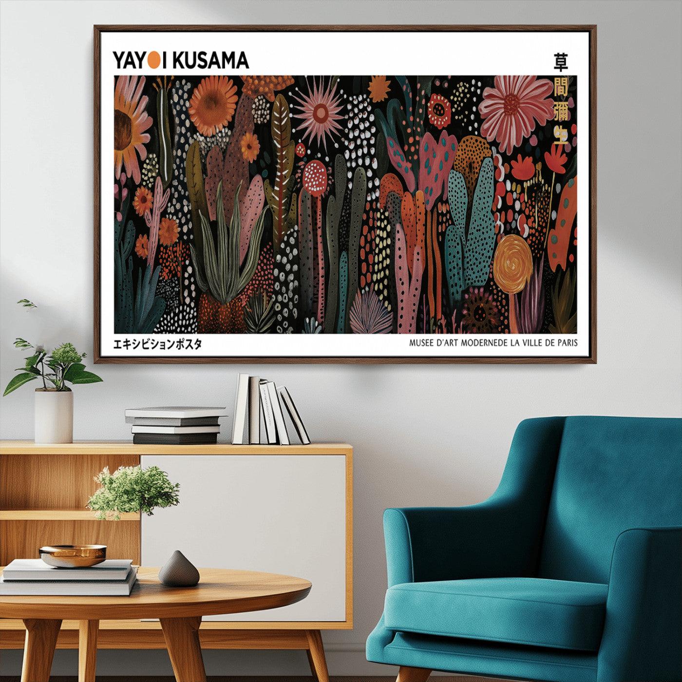 70632622-MGV-CV-36X24-Modern Japanese Wall Art Canvas Print – Framed Abstract Mount Fuji Scene with Yayoi Kusama Artwork for Home, Office