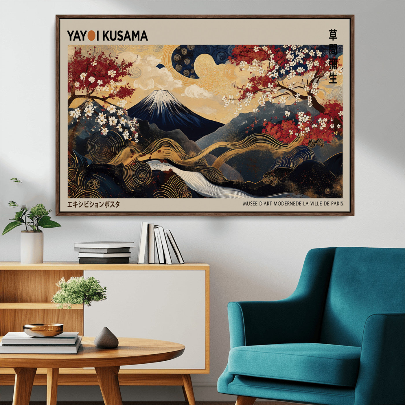 54967195-MGV-CV-36X24-Modern Japanese Wall Art Canvas Print – Framed Abstract Mount Fuji Scene with Yayoi Kusama Japanese Artwork for Home, Office