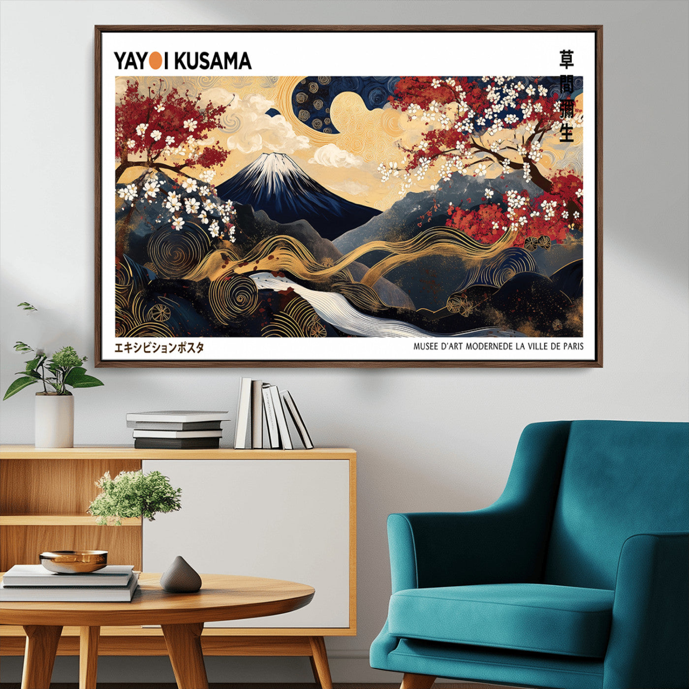 66243961-MGV-CV-36X24-Modern Mount Fuji Wall Art Canvas Print – Framed Abstract Mount Fuji Scene with Yayoi Kusama Artwork for Home, Office