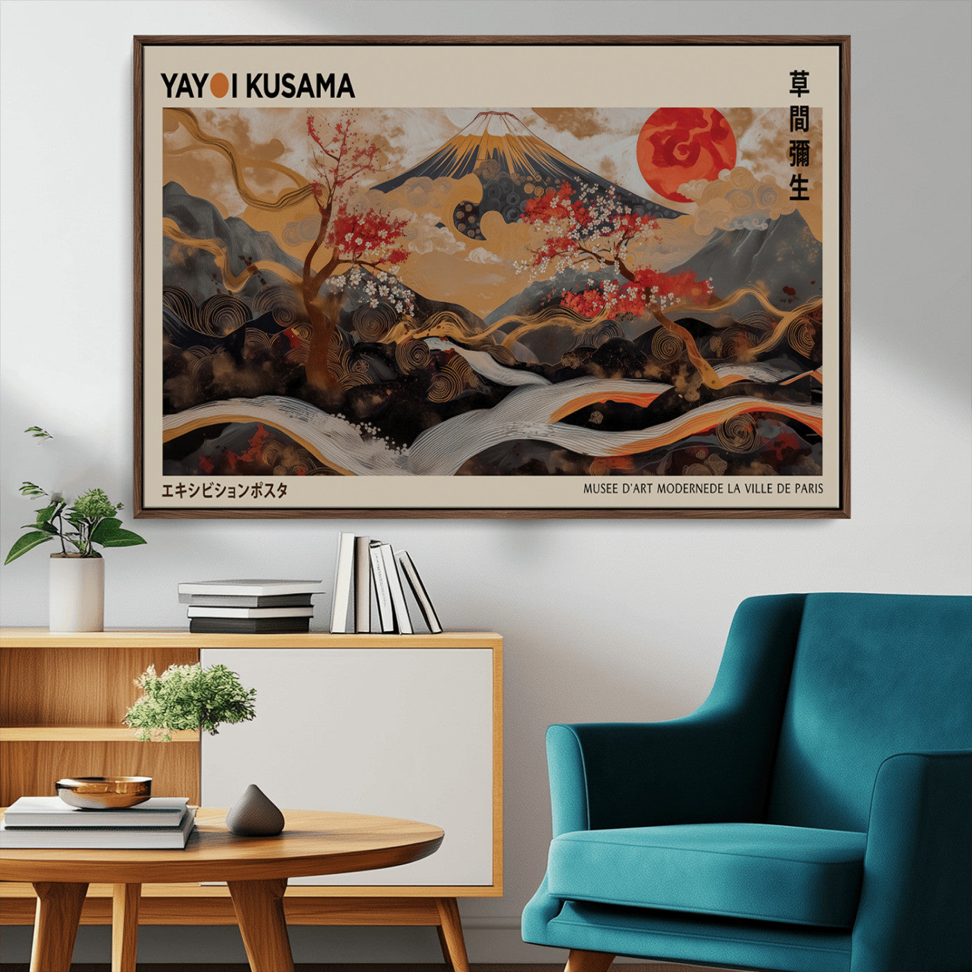 77970791-MGV-CV-36X24-Modern Japanese Wall Art Canvas Print – Framed Abstract Mount Fuji Scene with Yayoi Kusama Artwork for Home, Office