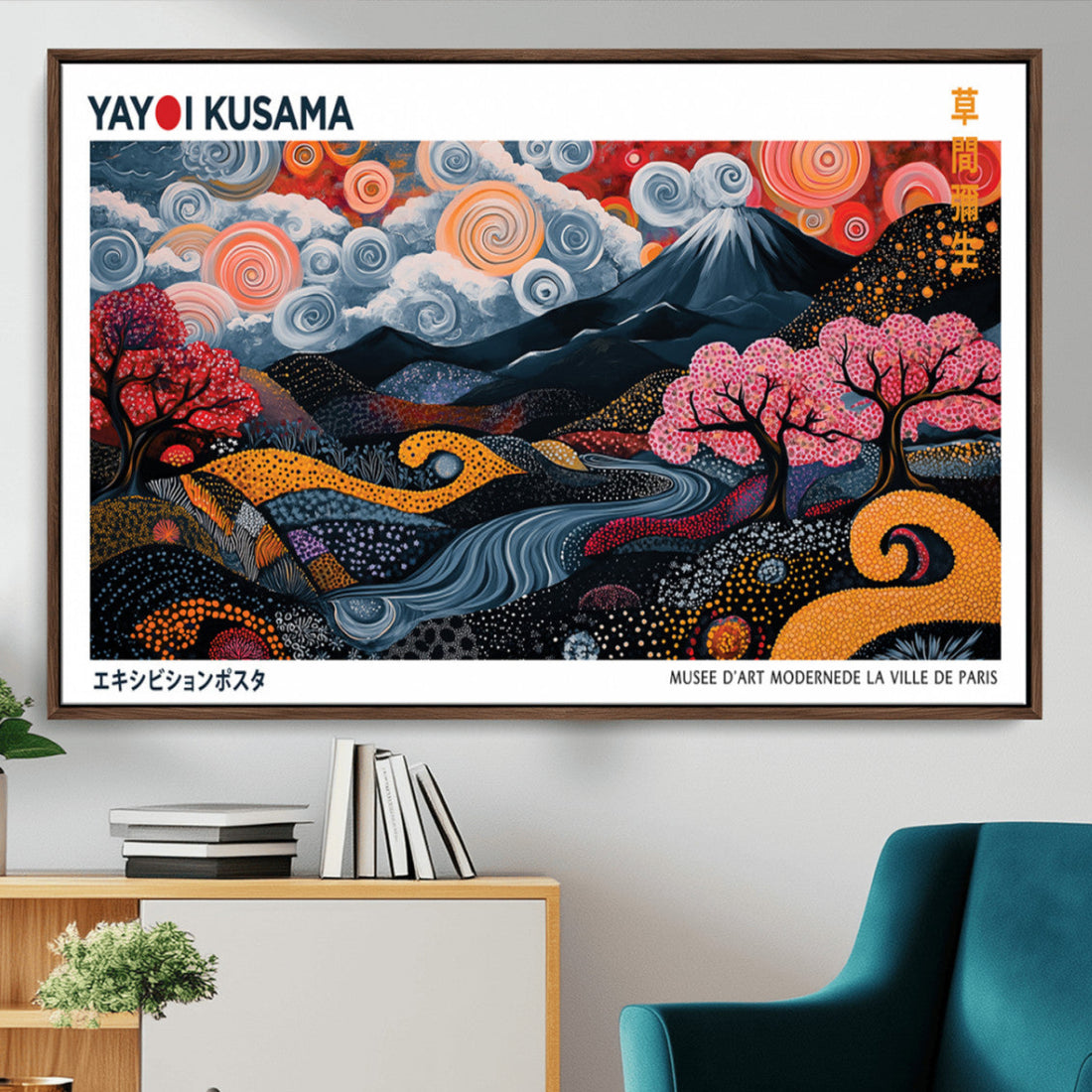 Modern Japanese Wall Art Canvas Print, Framed Abstract Mount Fuji, Yayoi Kusama Wall Art, Japanese Landscape