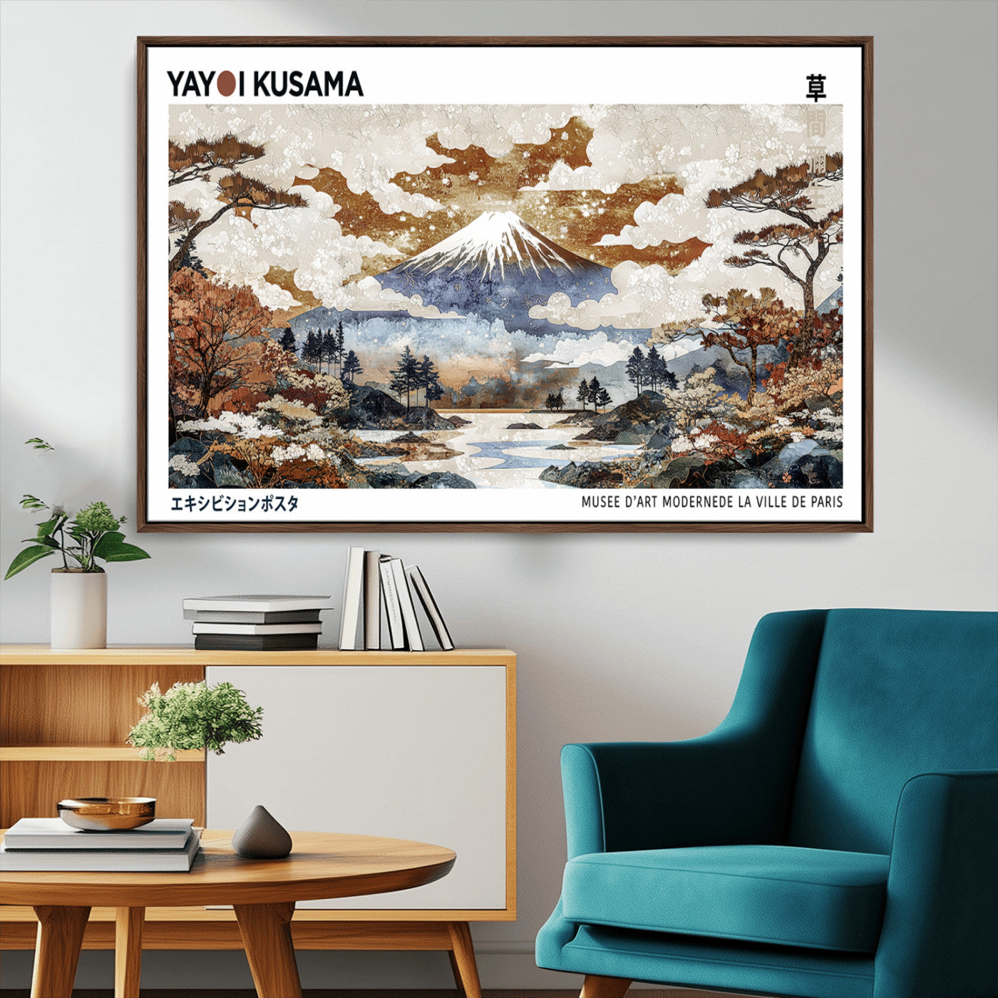 80111817-MGV-CV-36X24-Modern Japanese Wall Art Canvas Print – Framed Abstract Mount Fuji Scene with Yayoi Kusama Artwork for Home, Office
