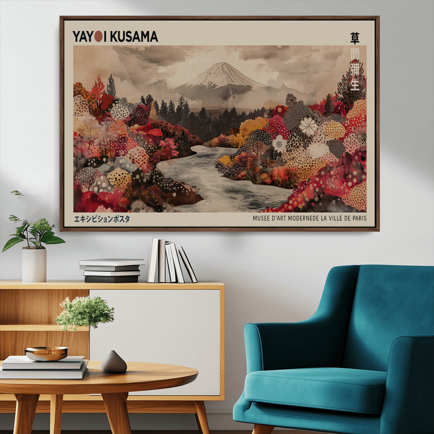 90660838-MGV-CV-36X24-Modern Japanese Wall Art Canvas Print – Framed Abstract Mount Fuji Scene with Yayoi Kusama Artwork for Home, Office