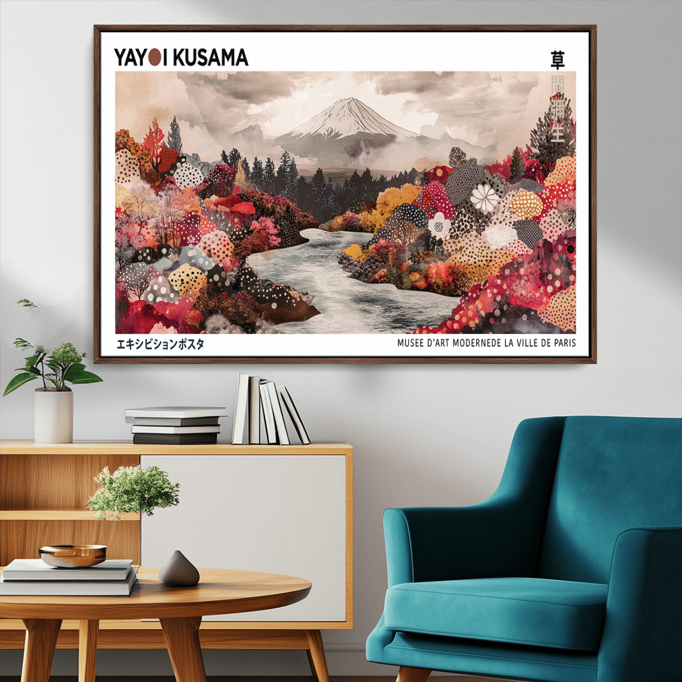 32352074-MGV-CV-36X24-Modern Japanese Wall Art Canvas Print – Framed Abstract Mount Fuji Scene with Yayoi Kusama Artwork for Home, Office