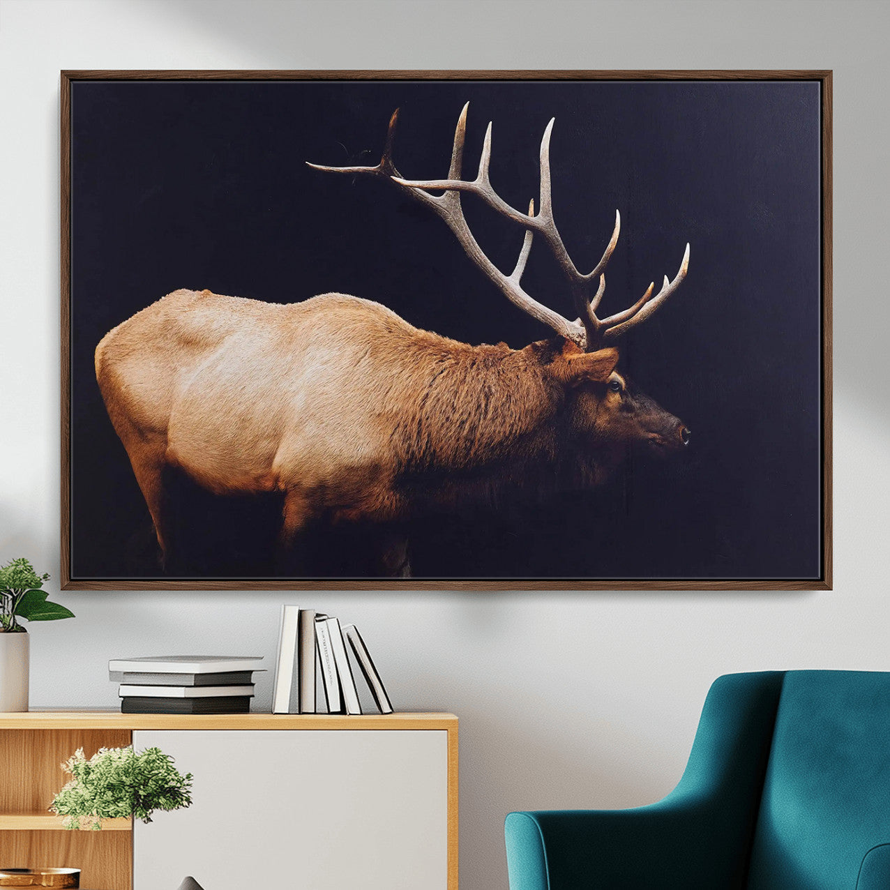89239257-MGV-FC-36X24 - Rustic Elk Wall Art Canvas Print – Framed Moody Wildlife Art Picture Western Animal Artwork for Home, Office