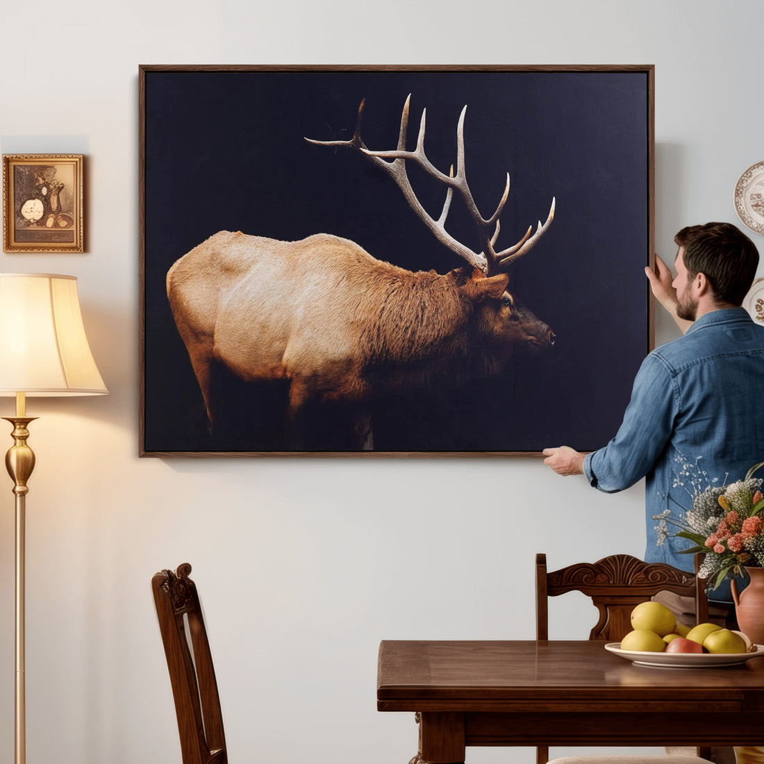Rustic Elk Wall Art Canvas Print, Framed Moody Wildlife Art, Western Lodge Decor