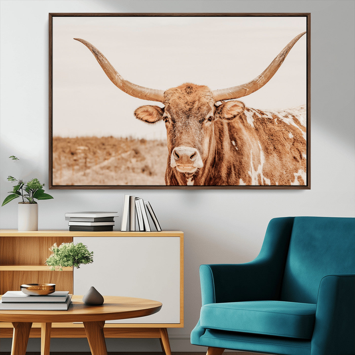 74406977-MGV-CV-36X24-Longhorn Bull Wall Art Canvas Print – Framed Western Cow Rustic Farmhouse Neutral Country Animal Artwork for Home Office
