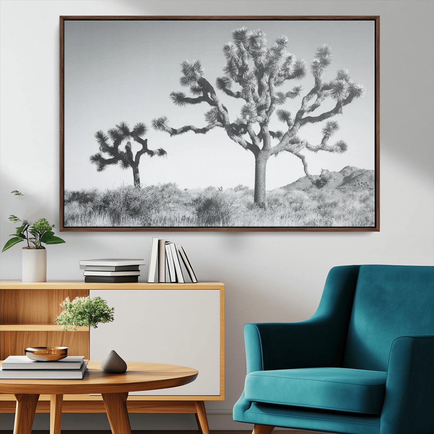 58647785-MGV-CV-36X24-Joshua Trees Wall Art Canvas Print – Framed Black White Desert Landscape Dry Grass Hills Tranquil Artwork for Home Office