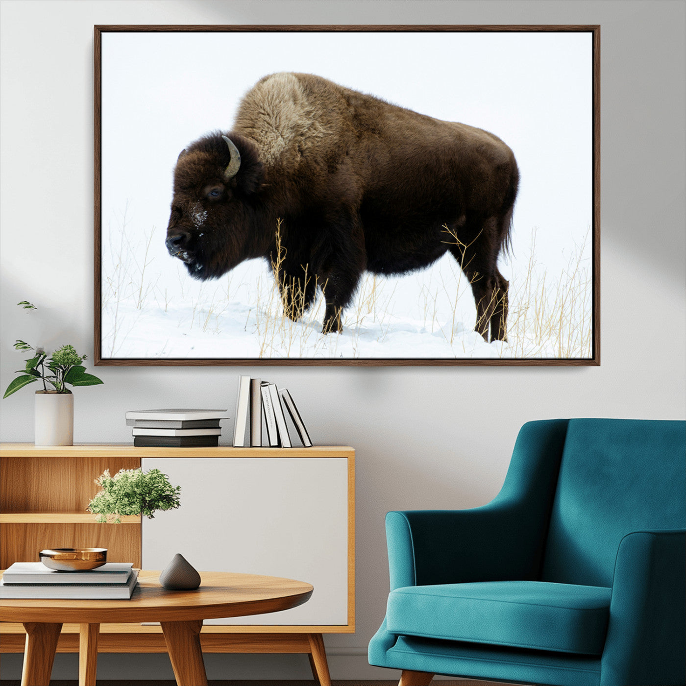 76778120-MGV-CV-36X24-Bison Wall Art Canvas Print – Framed Western Wildlife Buffalo Snow Rustic Nature Scene Artwork for Home Office