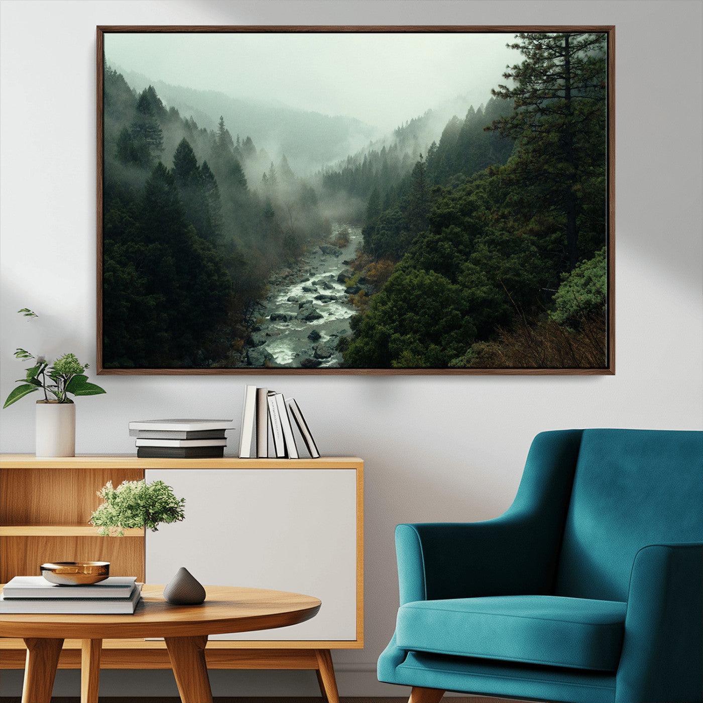 48497565-MGV-CV-36X24-Misty Forest Wall Art Canvas Print – Framed Foggy River Moody Landscape Wilderness Nature Scene Artwork for Home Office