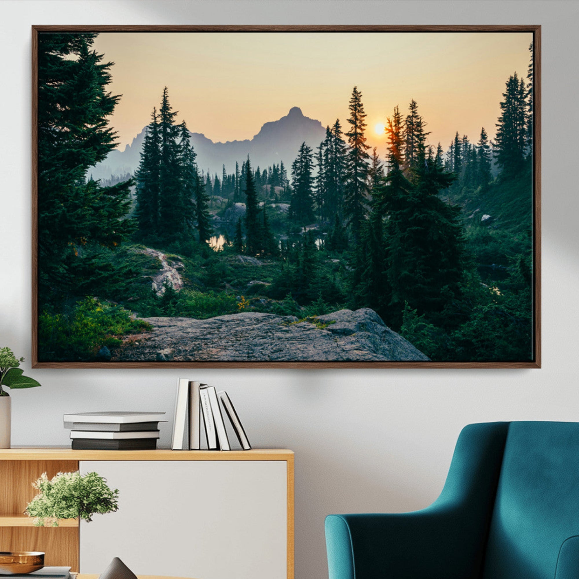 66397982-MGV-CV-36X24-Mountain Wall Art Canvas Print – Framed Forest Serenity Mountain Nature Scene Artwork for Home Office