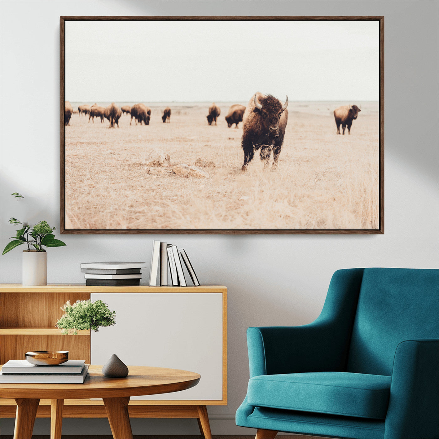 61367865-MGV-CV-36X24-Bison Herd Wall Art Canvas Print – Framed Western Prairie Serenity Ranch Nature Scene Artwork for Home Office