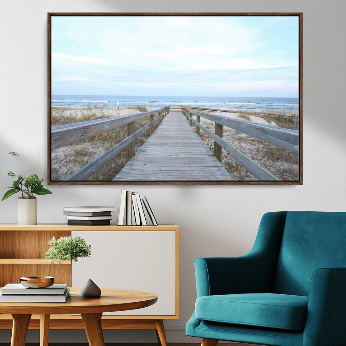Beach Boardwalk Wall Art Canvas Print, Framed Coastal Serenity Ocean View