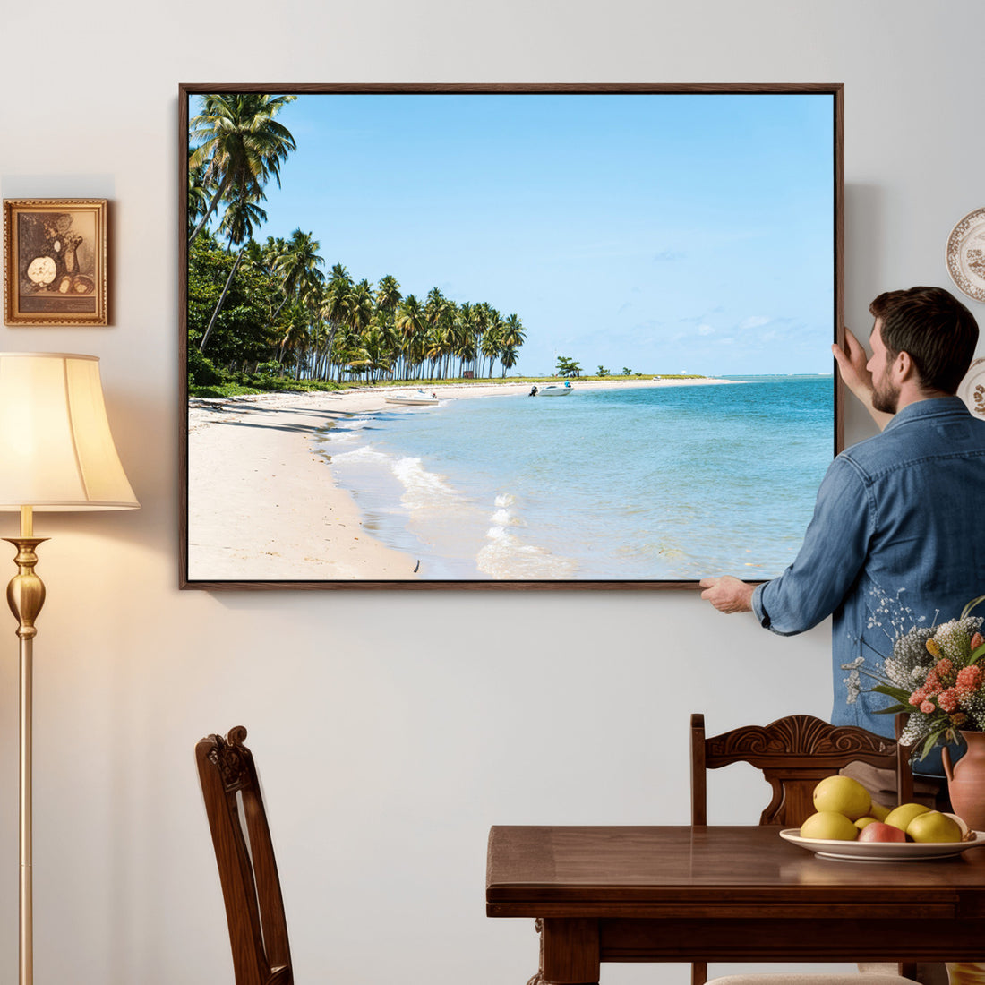 Palm Tree Coast Wall Art Canvas Print, Framed Island Getaway with Crystal Blue Water