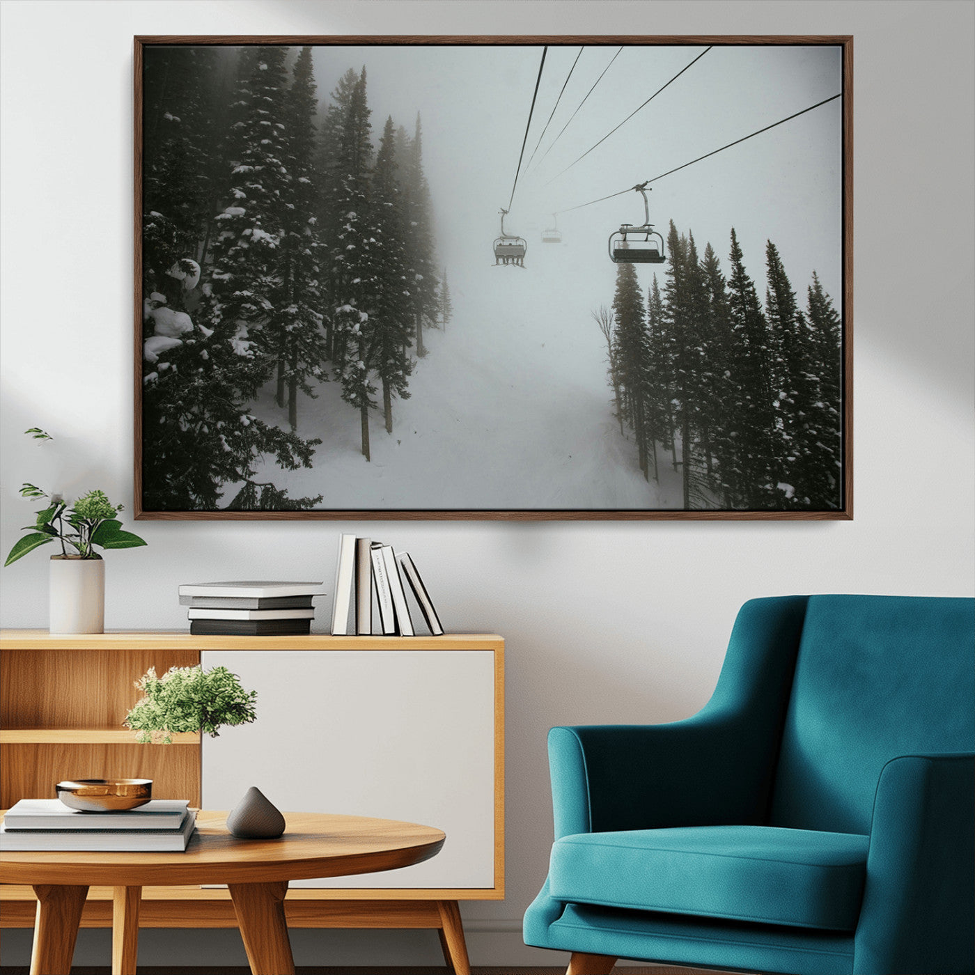 87018452-MGV-CV-36X24-Ski Lift Wall Art Canvas Print – Snowy Pines Misty Landscape Winter Serenity Artwork for Home, Office Decor