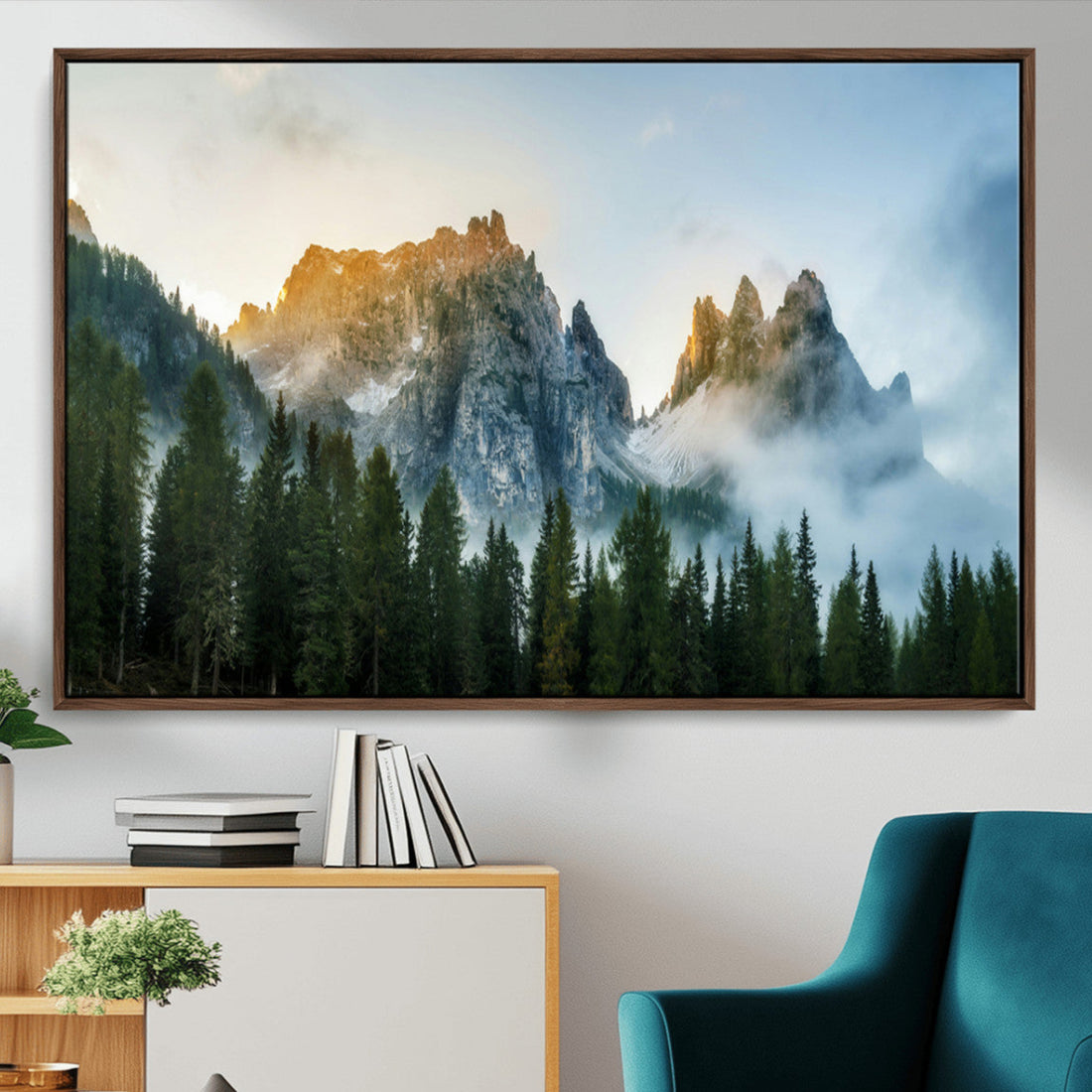 Wilderness Mountain Wall Art Canvas Print, Framed Misty Forest Photography, Nature Landscape Rustic Decor