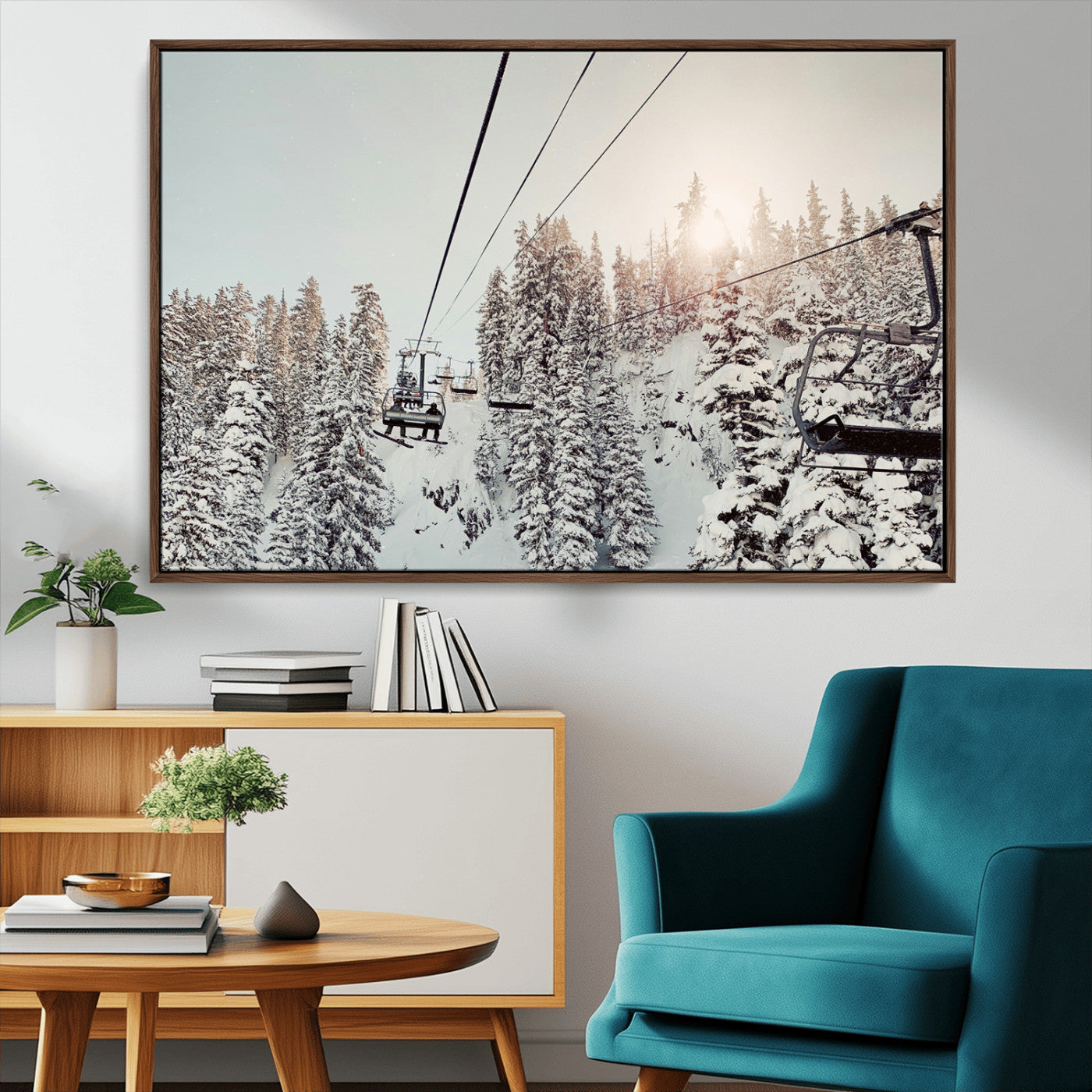 91534512-MGV-CV-36X24-Frosty Pines Wall Art Canvas Print – Framed Cozy Cabin Ski Lift Ride Winter Scene Artwork for Home Office