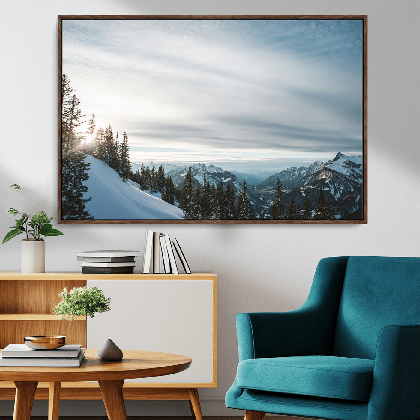 55564749-MGV-CV-36X24-Snowy Mountains Wall Art Canvas Print – Framed Alpine Landscape Frosty Peaks Nordic Minimalist Nature Artwork for Home, Office