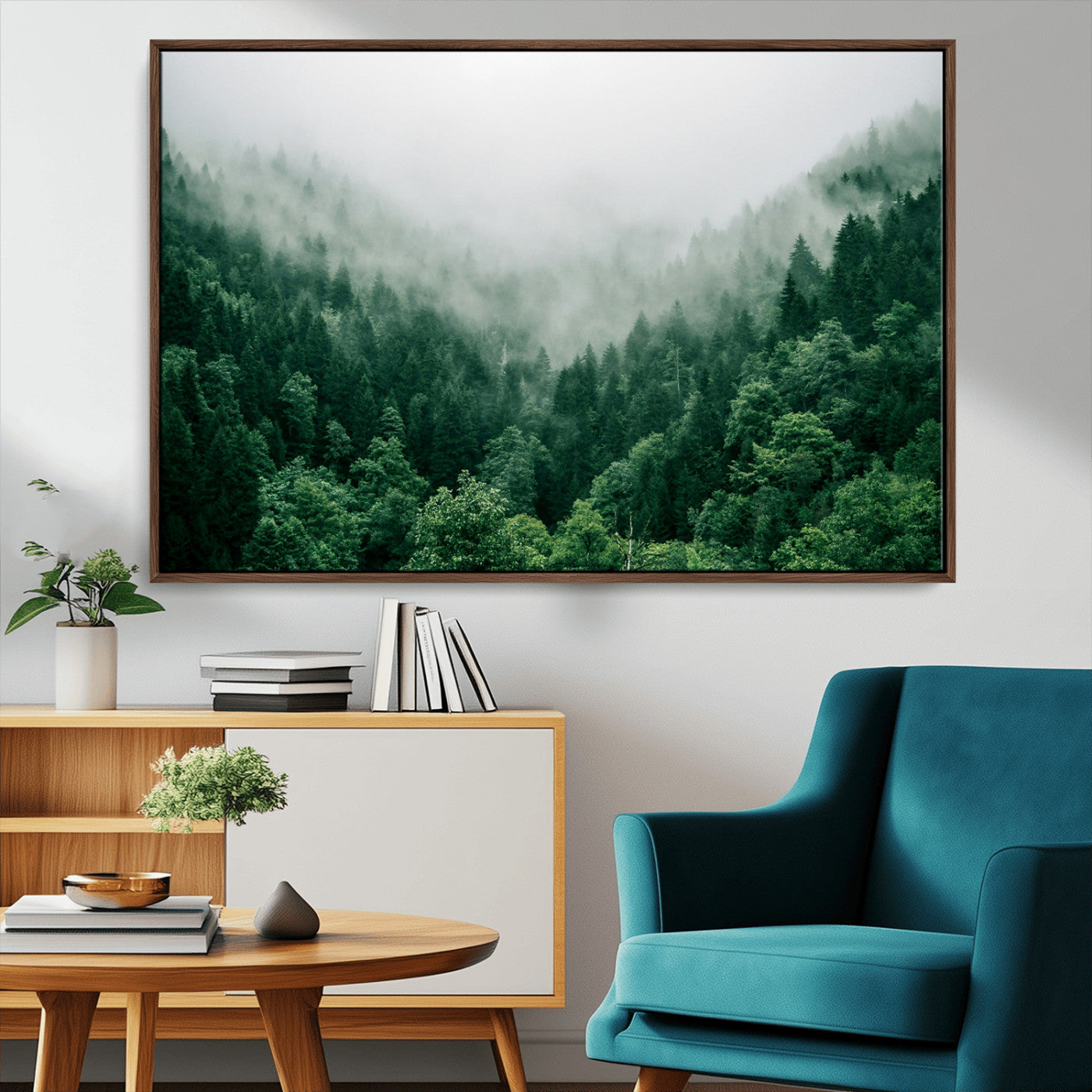 45265379-MGV-CV-36X24-Misty Green Forest Canvas Print – Framed Serene Foggy Pine Landscape Tranquil Nature Wall Art for Home, Office