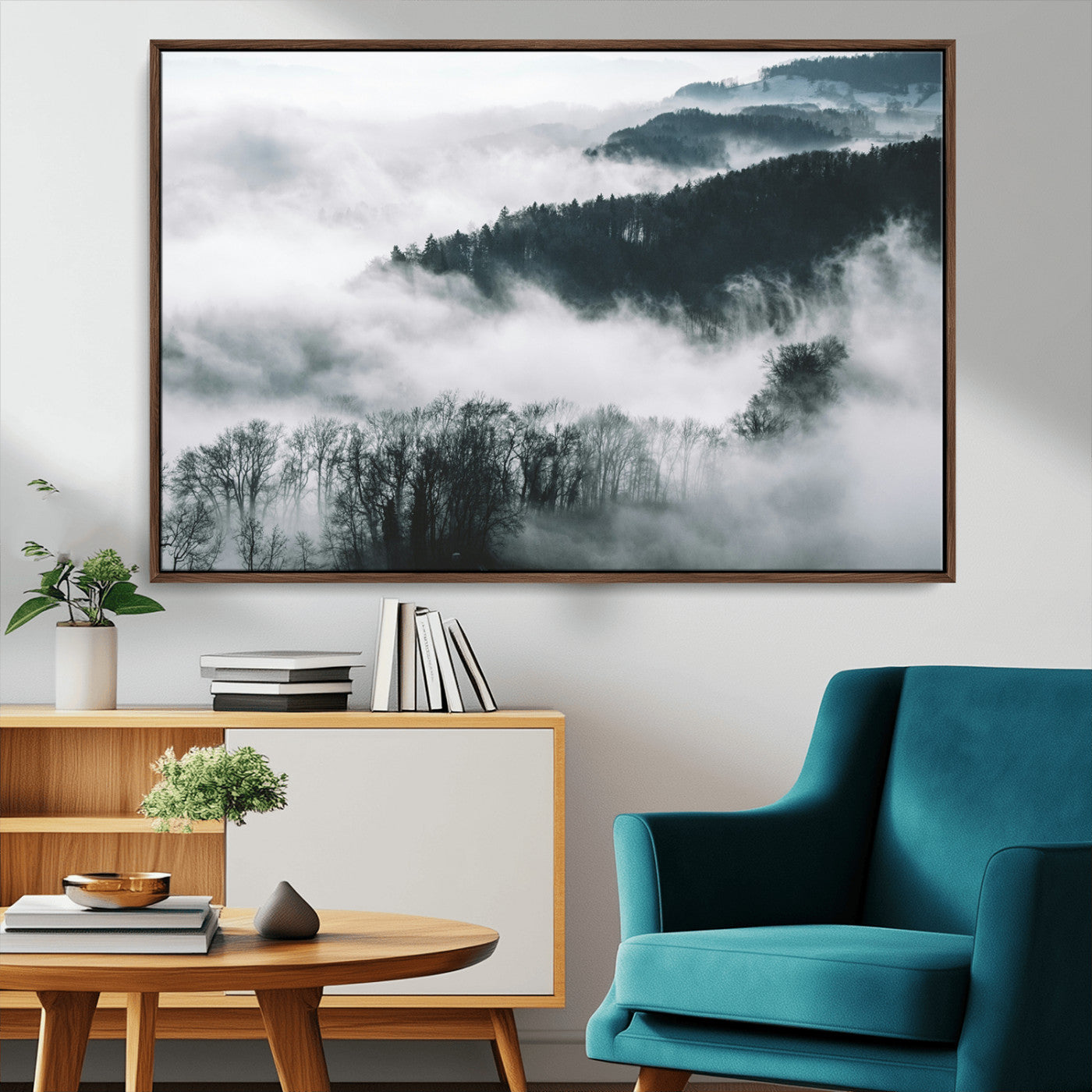 67569654-MGV-CV-36X24-Foggy Forest Landscape Wall Art Canvas Print – Misty Mountain Valley Scene Monochrome Tones Nature Artwork for Home Office