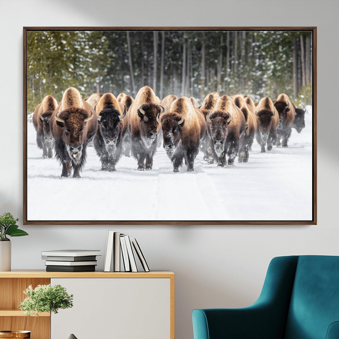 American Bison Herd Wall Art Canvas Print, Powerful Winter Wildlife Scene with Buffalo