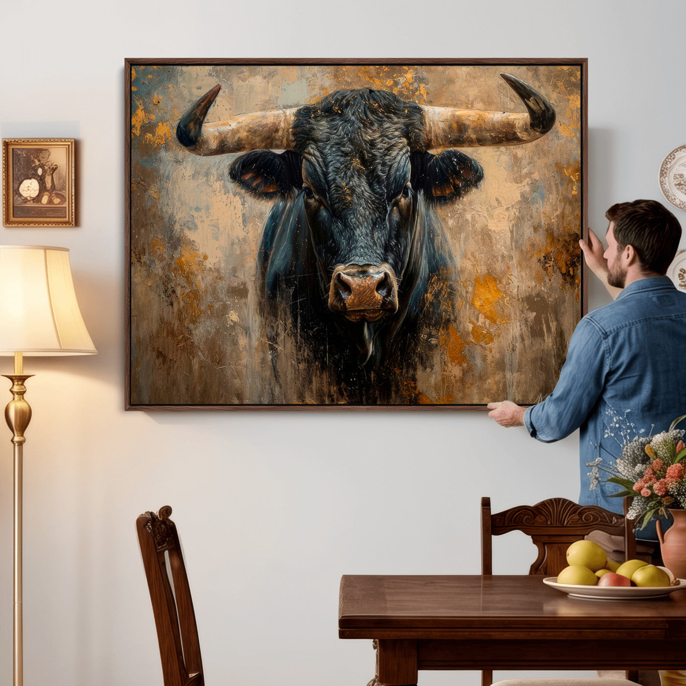 91615410-MGV-CV-36X24 - Abstract Texas Longhorn Bull Wall Art – Rustic Farmhouse Canvas Print, Western Cabin Style Decor, Large Animal Artwork for Living Room or Office