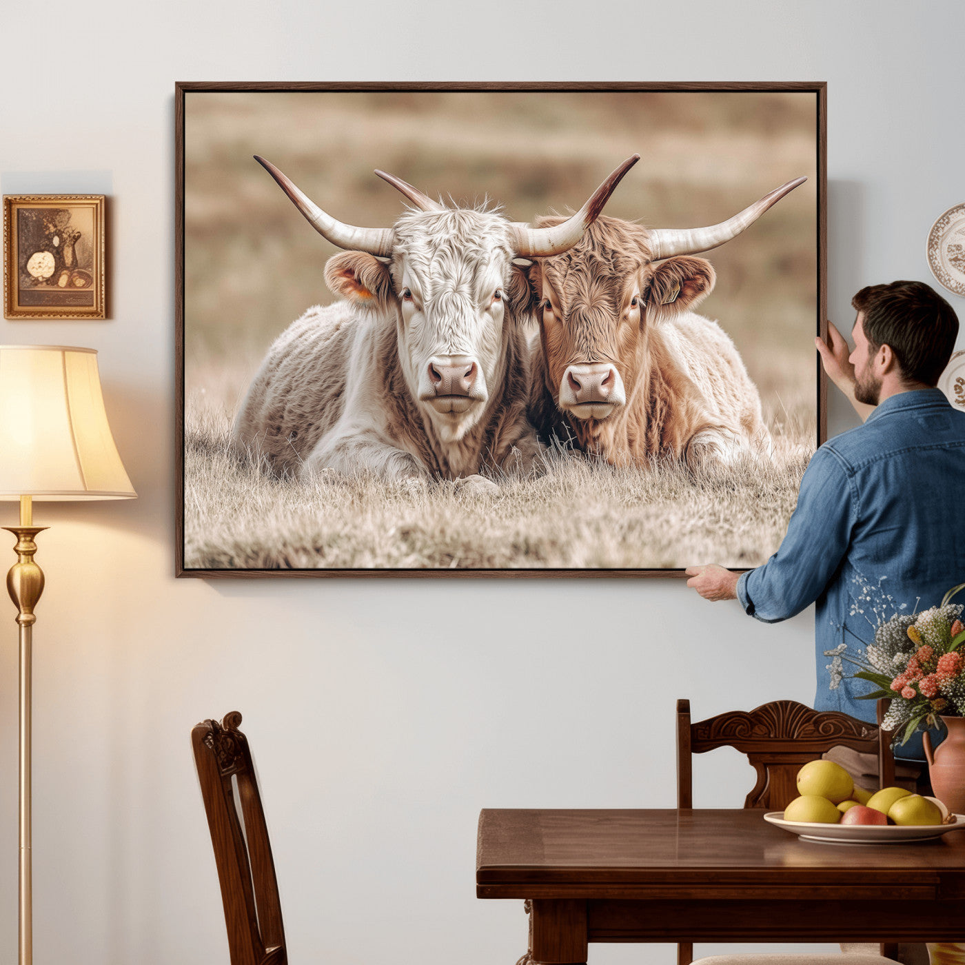 38651722-MGV-CV-36X24 - Highland Cows Meadow Canvas Wall Art – Peaceful Cow Photography Print, Rustic Farmhouse Animal Decor for Country Home, Living Room, Office