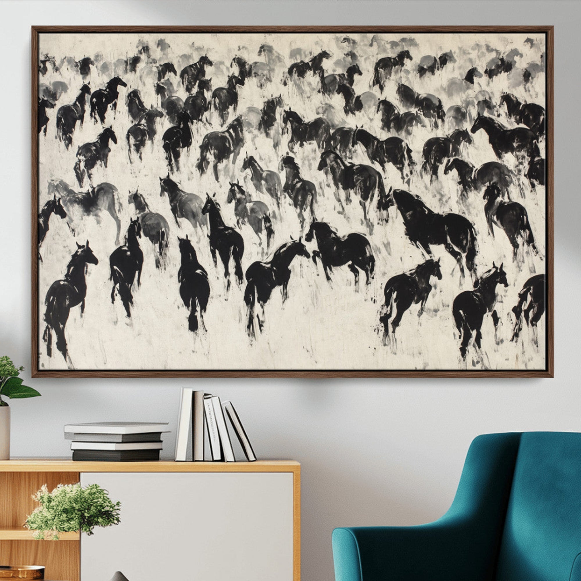 29265745-MGV-CV-36X24-Wild Horse Stampede Wall Art Canvas Print – Monochrome Running Horses Dynamic Motion Elegant Scene Artwork for Home, Office