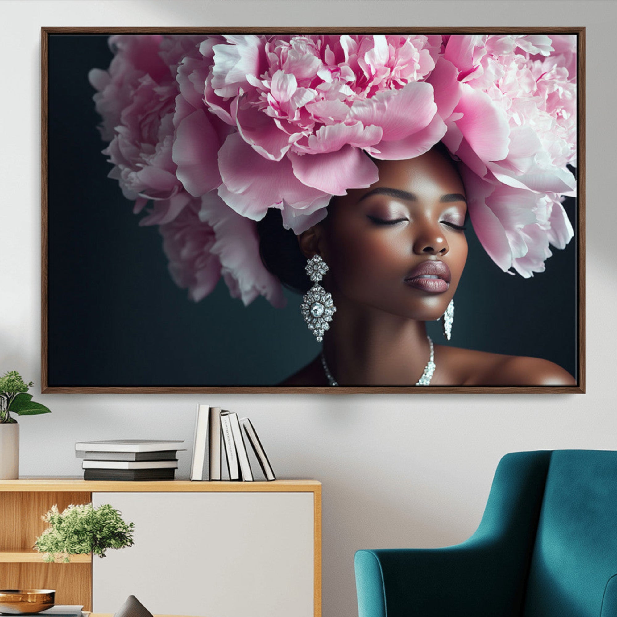 -Black Beauty Petal Crown Wall Art Canvas Print – Floral Petal Headpiece Elegant Design, Petal Inspired Artwork for Home, Office