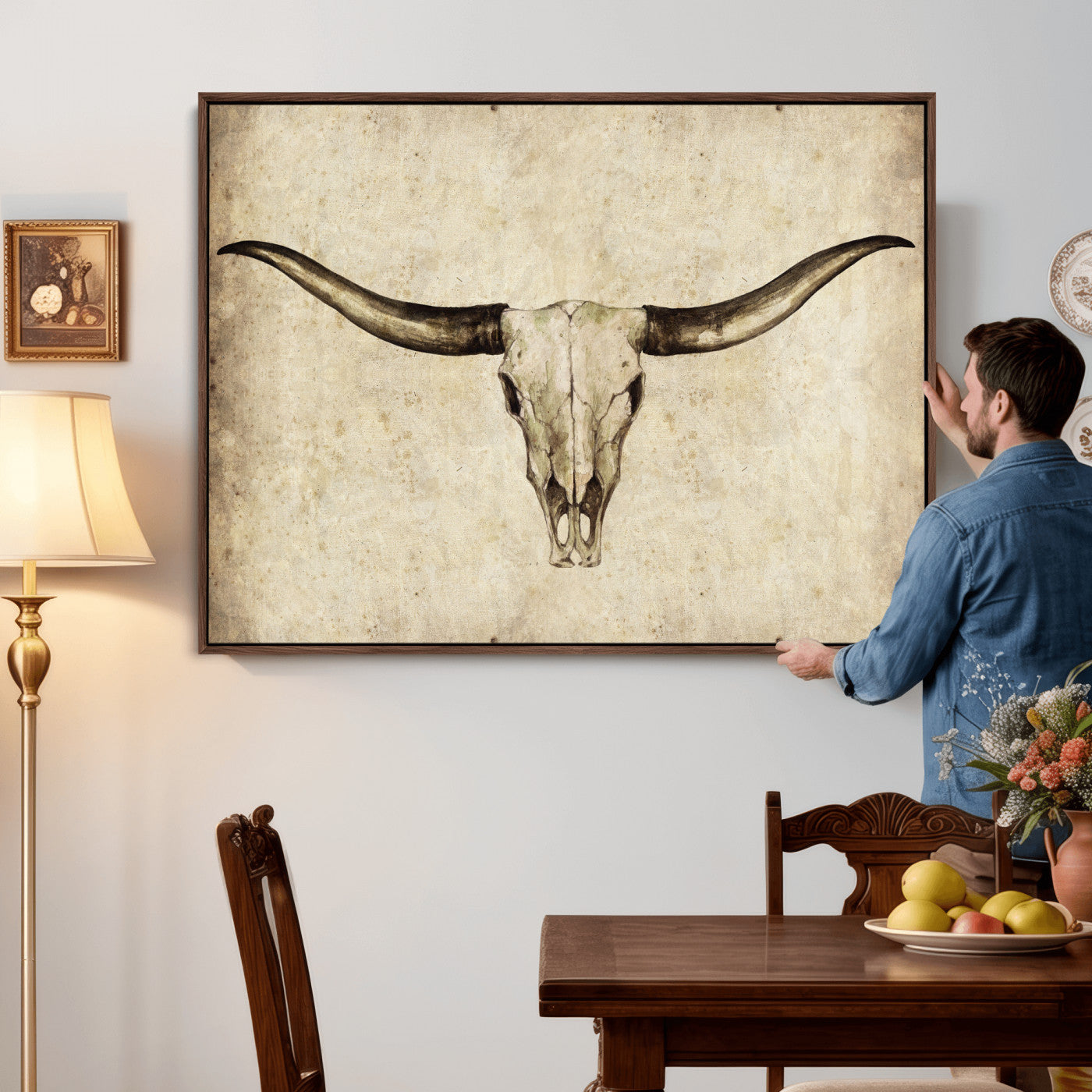42788678-MGV-CV-36X24 - Longhorn Skull Wall Art Canvas Print – Rustic Western Artwork Print for Living Room Wall Decor