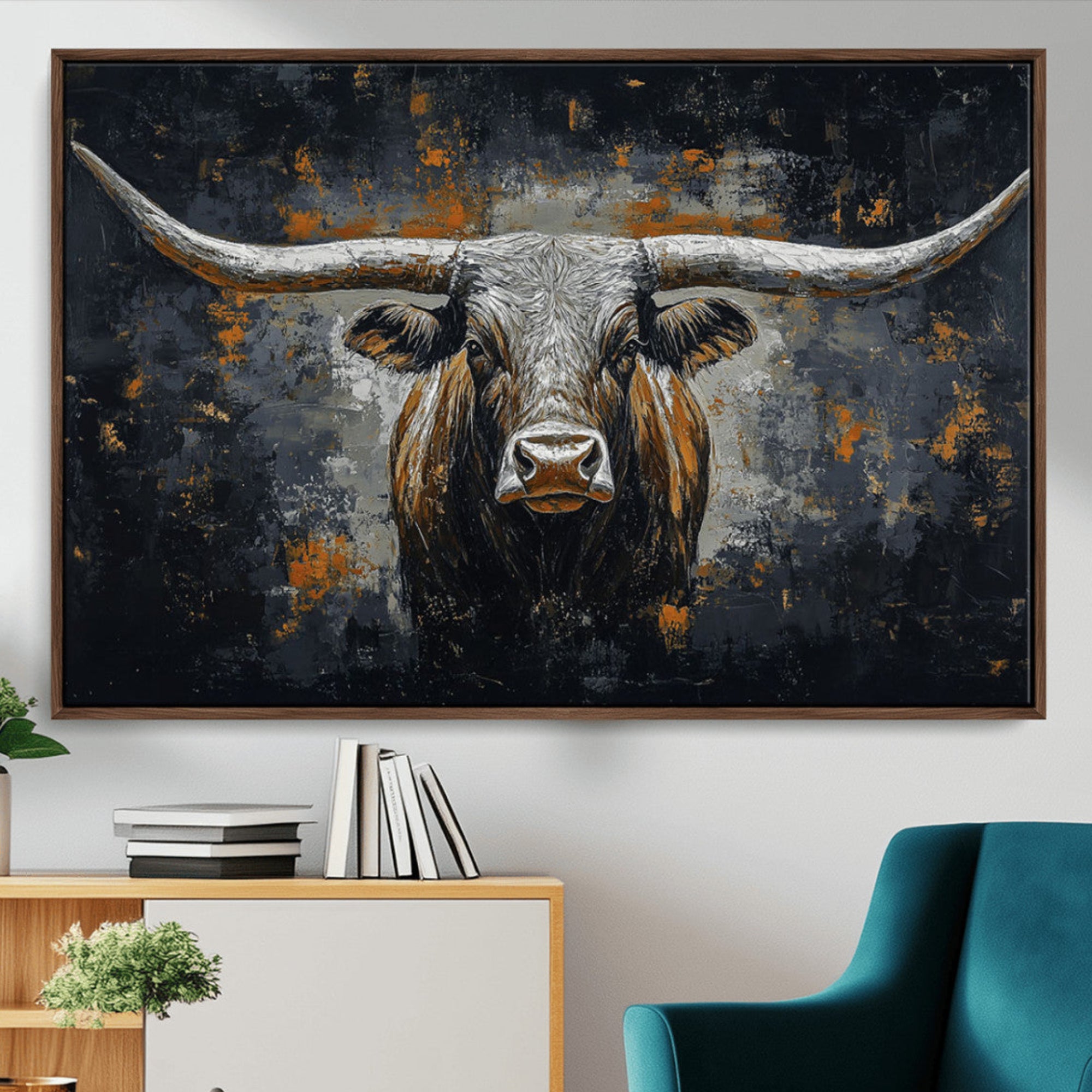 93195031-MGV-CV-36X24-Rustic Longhorn Bull Wall Art Canvas Print – Vintage Western Cattle Scene, Texas Steer Artwork for Home, Office