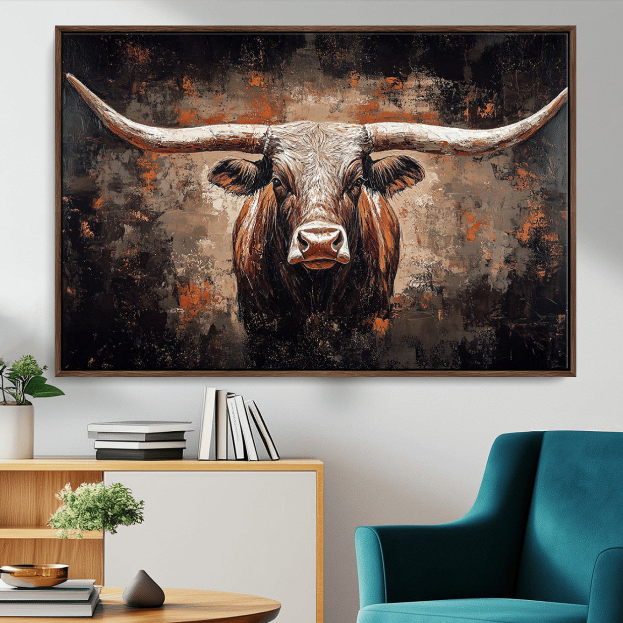 24779067-MGV-CV-36X24-Rustic Longhorn Bull Wall Art Canvas Print – Vintage Western Cattle Scene, Texas Steer Artwork for Home, Office