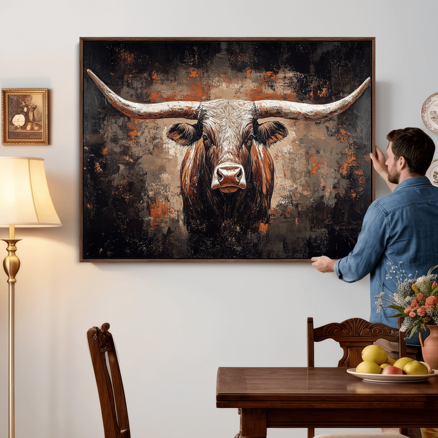 24779067-MGV-CV-36X24 - Rustic Longhorn Bull Wall Art Canvas Print – Vintage Western Cattle Painting, Texas Steer Artwork