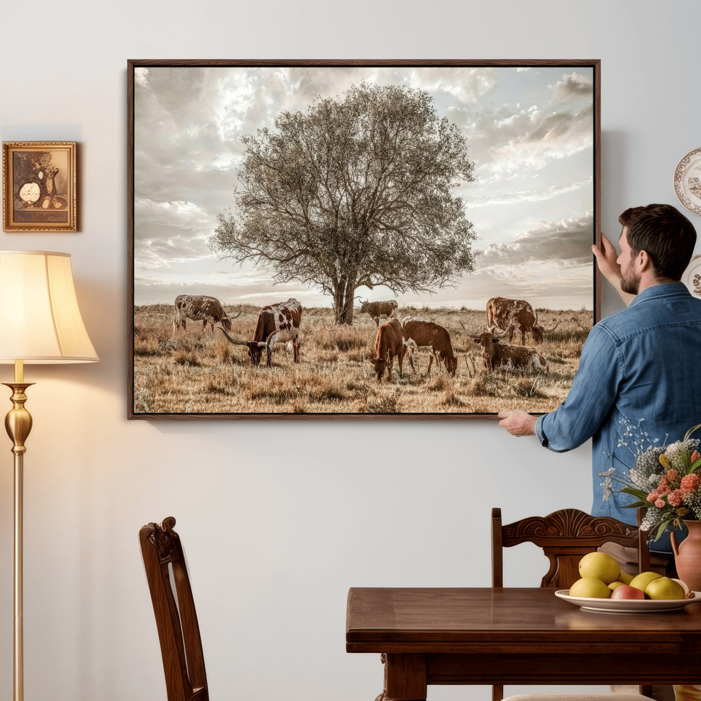87590224-MGV-CV-36X24 - Texas Longhorn Cattle Wall Art Canvas Print – Rustic Western Ranch Scene with Steers at Sunset, Perfect for Farmhouse or Cowboy Decor