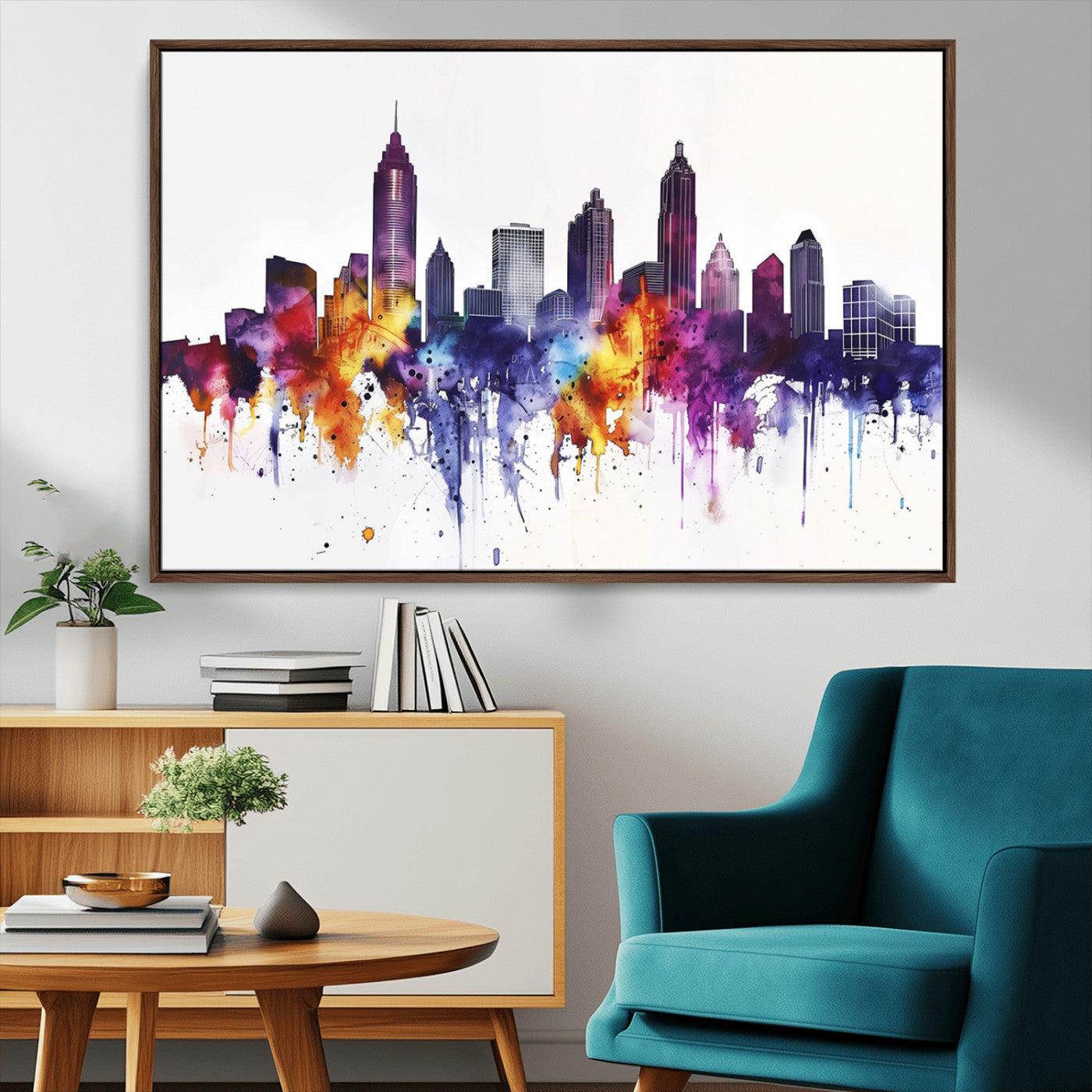 34479880-MGV-CV-36X24-Atlanta Skyline Wall Art Canvas Print – Framed Colorful Watercolor Cityscape Artwork for Home, Office, Living Room