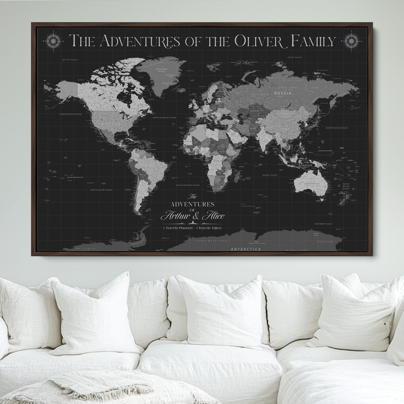-Personalized Family World Map Canvas – Custom Framed Push Pin Travel Tracker, Modern Adventure Wall Art for Home, Office