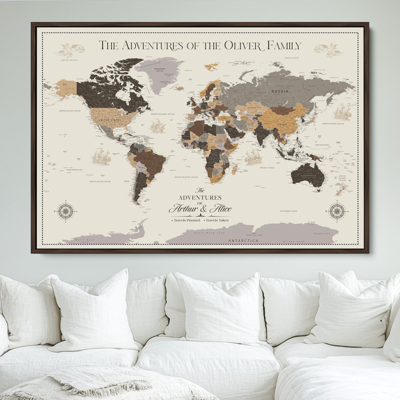 -Personalized Family Adventure World Map Canvas – Custom Framed Push Pin Travel Tracker, Wall Art Gift for Home, Office