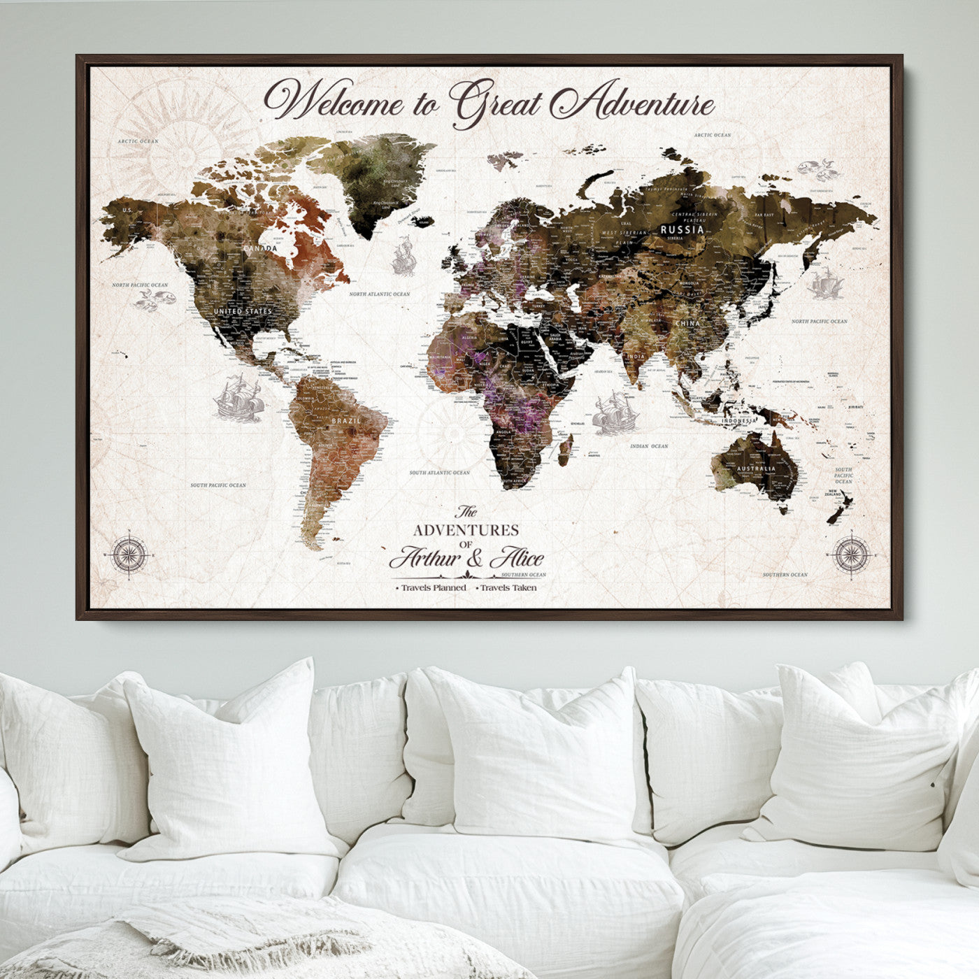 -Personalized World Map Canvas Custom Framed Push Pin Travel Tracker Vintage Adventure Wall Art Gift Couples Travelers Home, Office