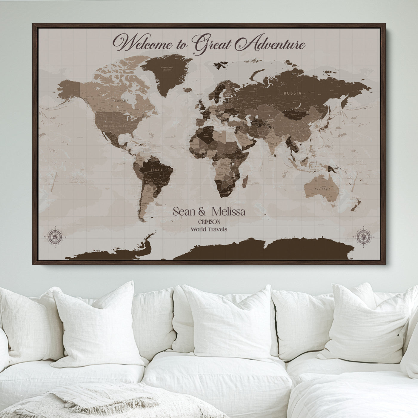 -Personalized World Map Canvas Custom Framed Push Pin Travel Tracker Modern Minimalist Wall Art Gift Couples for Home, Office