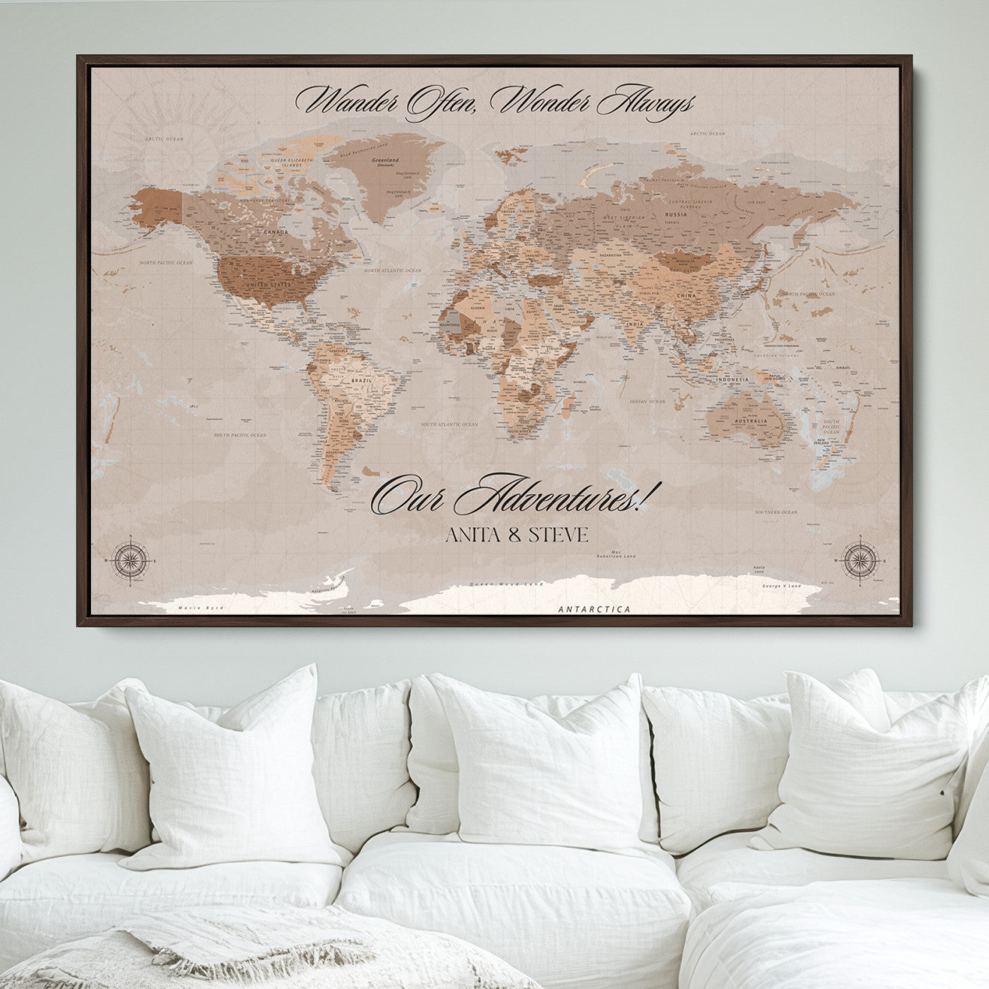 -Personalized World Map Canvas Custom Framed Push Pin Travel Tracker Elegant Neutral Wall Art Gift Couples Travelers for Home, Office