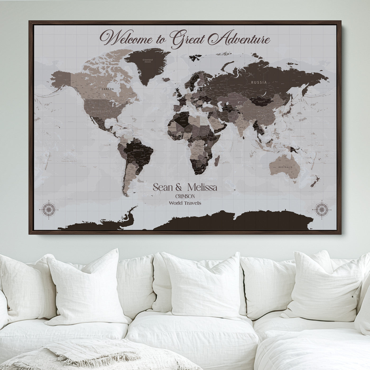 -Personalized Gray Brown World Map Canvas Custom Framed Push Pin Travel Tracker Modern Neutral Wall Art Gift Couples for Home, Office