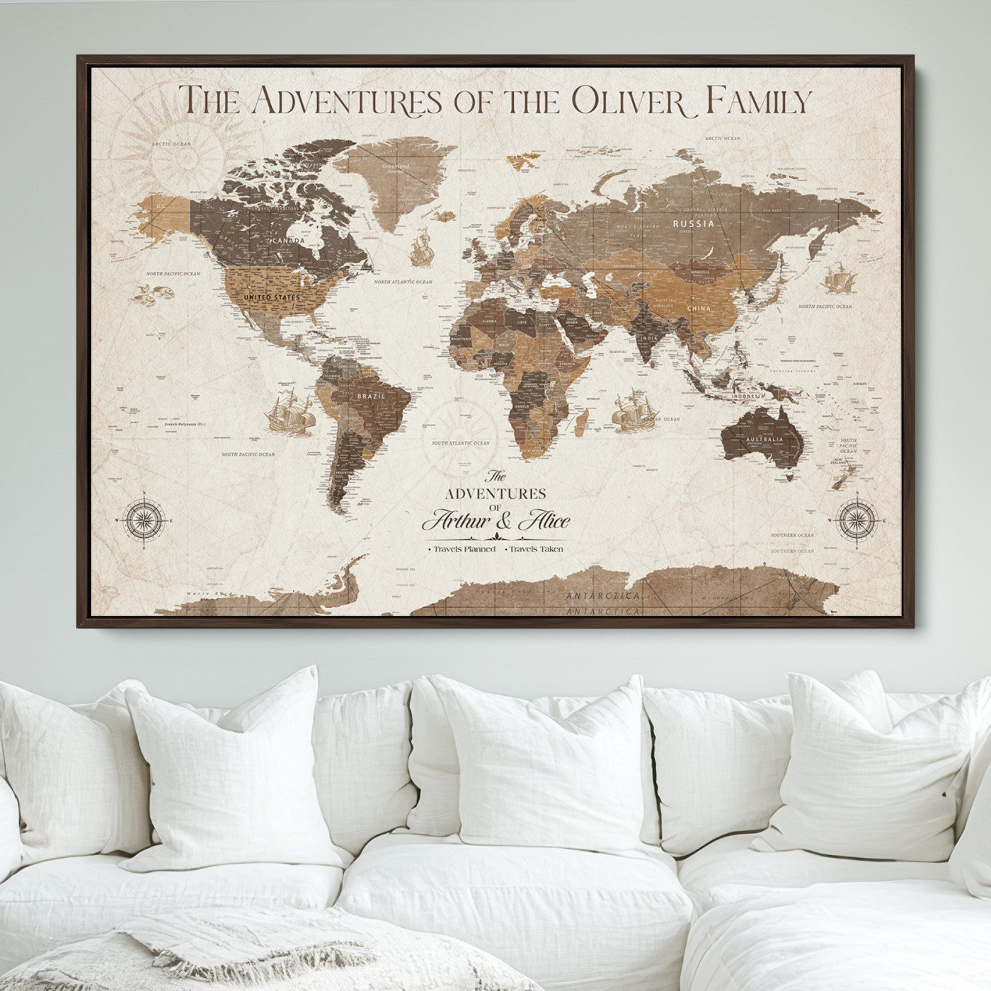 84483613-MGV-FC-36X24_Walnut-Personalized Push Pin World Map Canvas Print Custom Family Travel Tracker Map Framed Adventure Gift for Couples Home Office