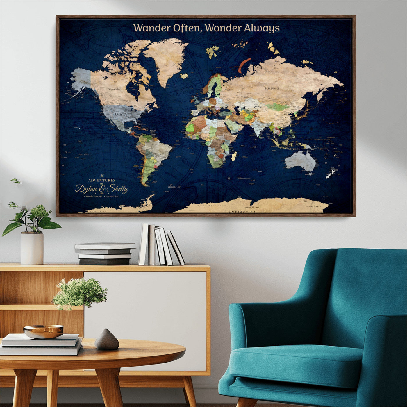 Rehber01-MGV-CV-36X24-Personalized World Map Canvas – Custom Framed Push Pin Travel Map Wall Art, Navy Blue Vintage Gift for Couples and Adventurers