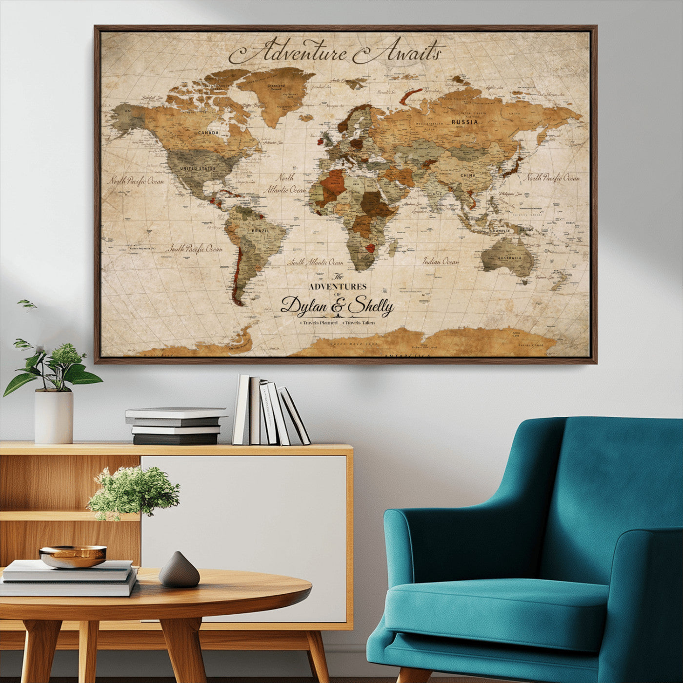 Rehber01-MGV-CV-36X24-Personalized Push Pin World Map Canvas Print – Custom Adventure Travel Map, Framed Wall Art Gift for Couples or Family
