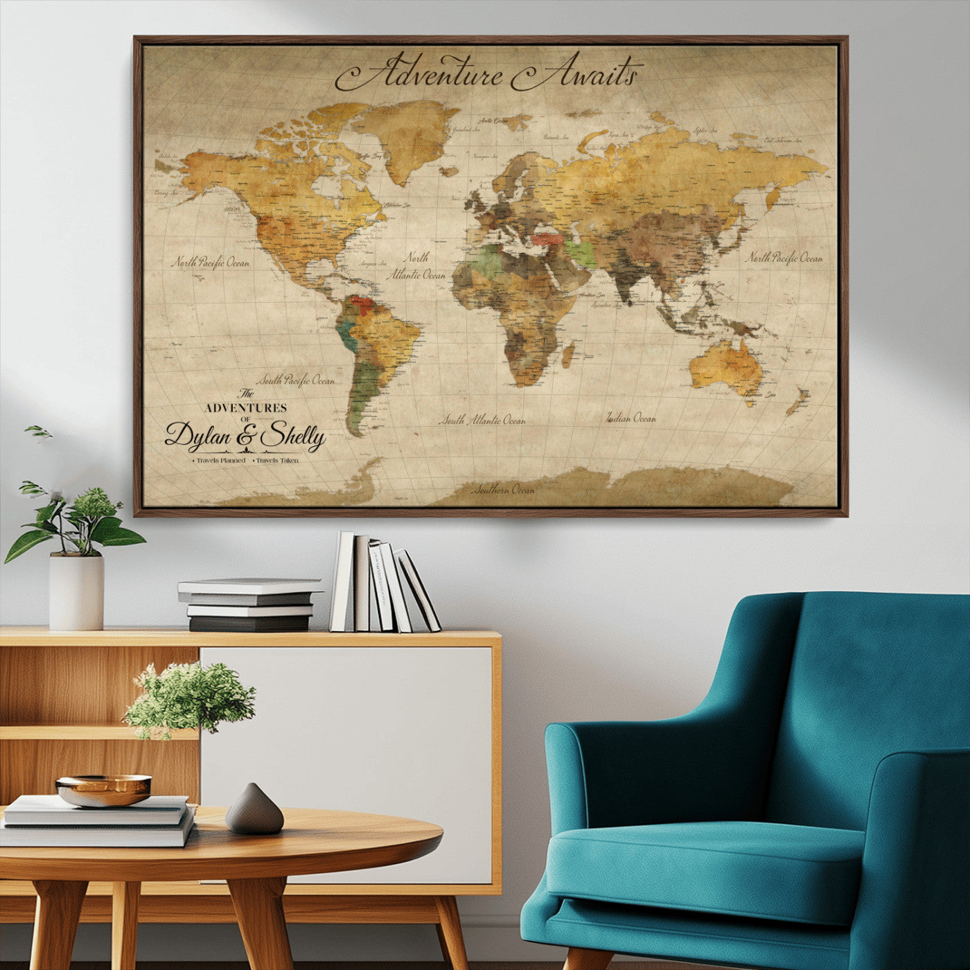 Rehber01-MGV-CV-36X24-Personalized World Map Canvas – Custom Framed Push Pin Travel Map Wall Art, Rustic Vintage Gift for Couples and Travel Lovers