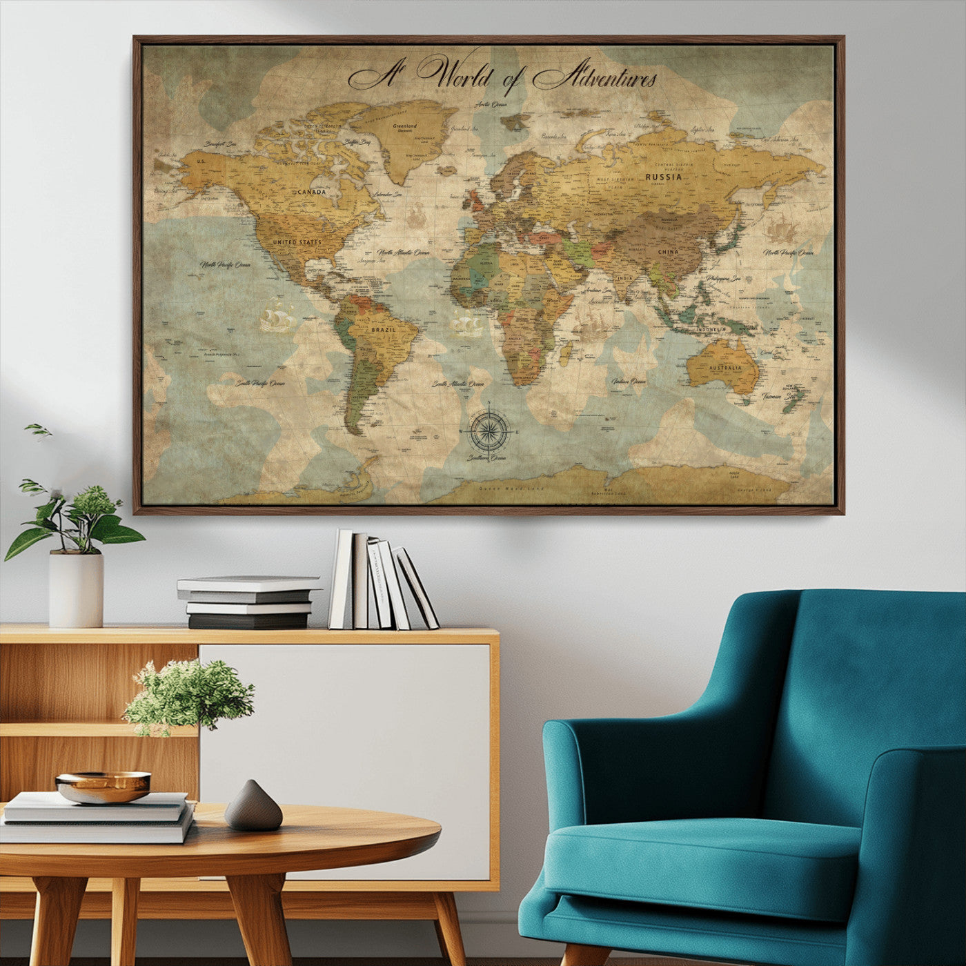 Rehber01-MGV-CV-36X24-Personalized World Map Canvas – Custom Framed Push Pin Travel Map Wall Art, Vintage Style Gift for Couples or Families