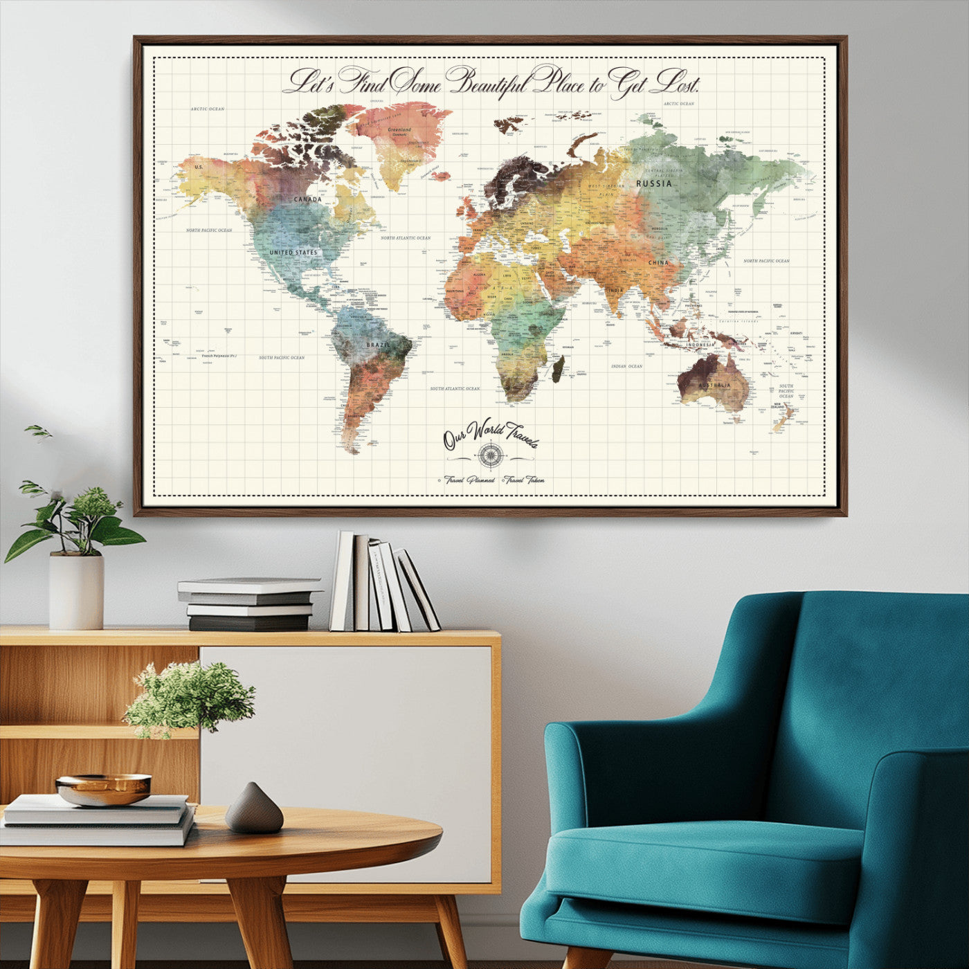 -Personalized Push Pin World Map Canvas Print – Custom Adventure Travel Tracker Map, Framed Wall Art Gift for Couples or Family
